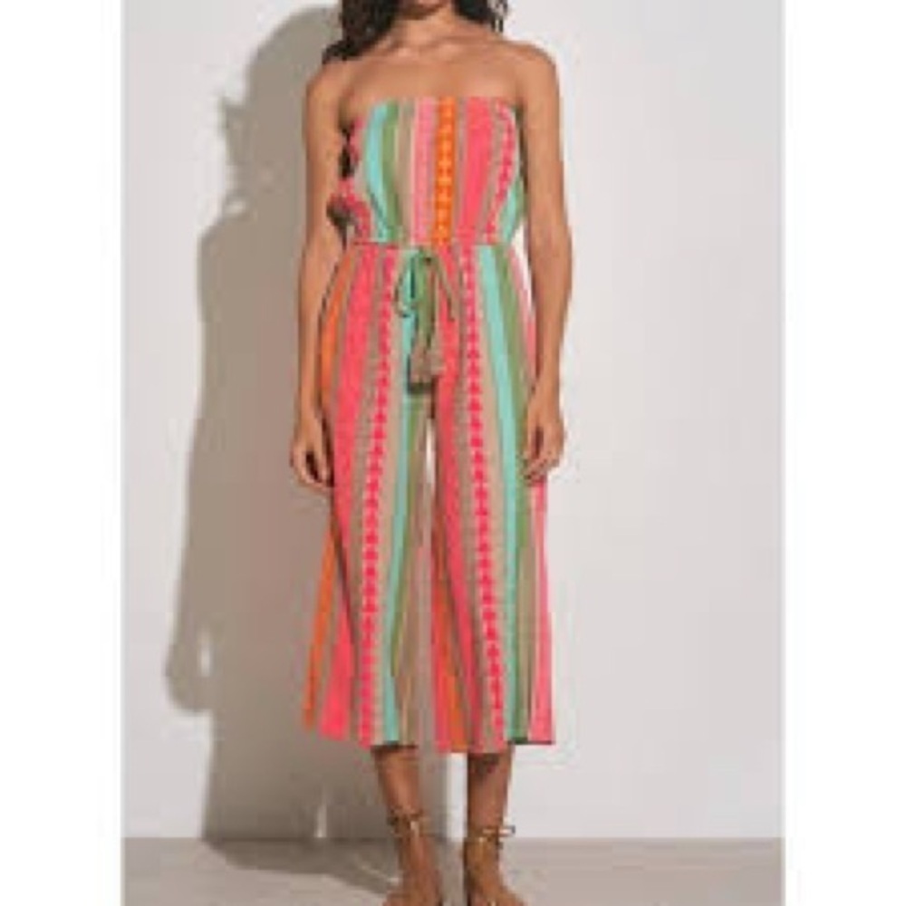 NWT Elan Neon Strapless Striped Wide Leg Jumpsuit Crop L